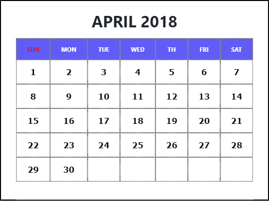 April 2018 Printable Calendar