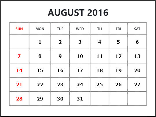 August 2016 Blank Calendar