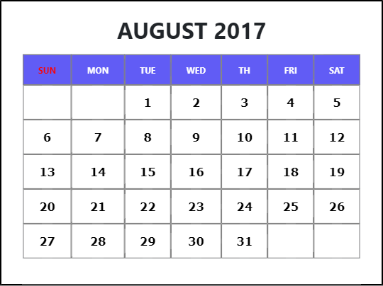 August 2017 Printable Calendar
