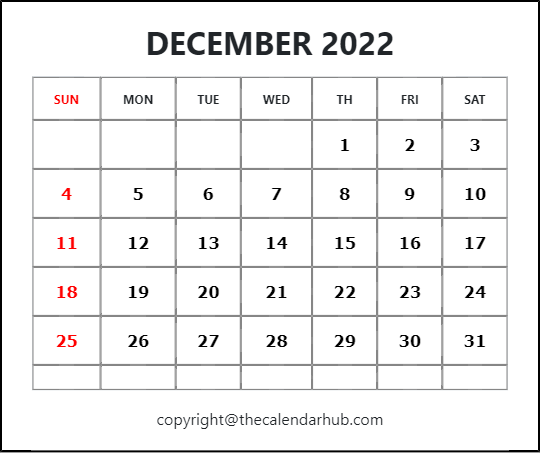 December 2022 Blank Calendar