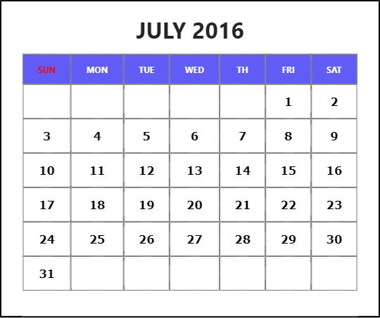 July 2016 Printable Calendar
