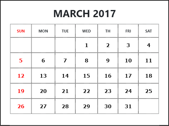 March 2017 Blank Calendar