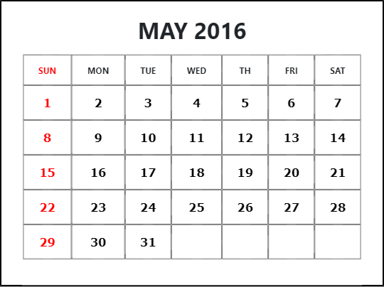 May 2016 Blank Calendar