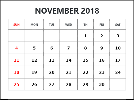 November 2018 Blank Calendar