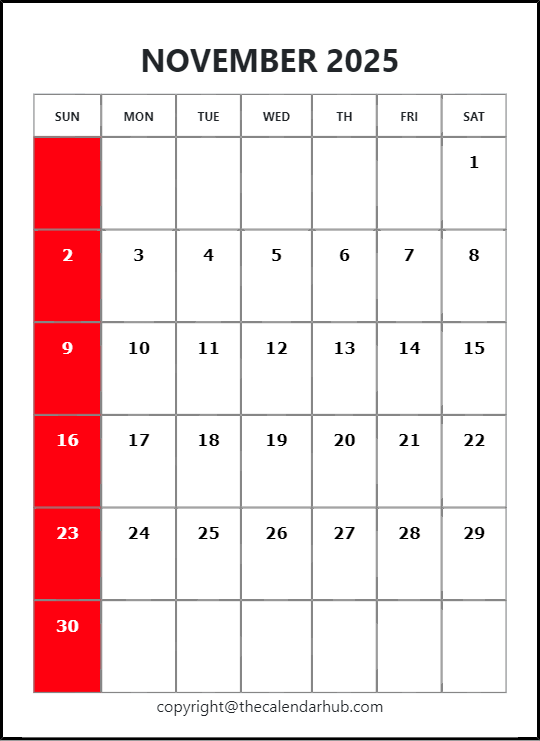 November 2025 A4 Calendar