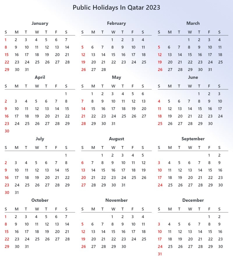 Printable Qatar 2023 Calendar With Holidays
