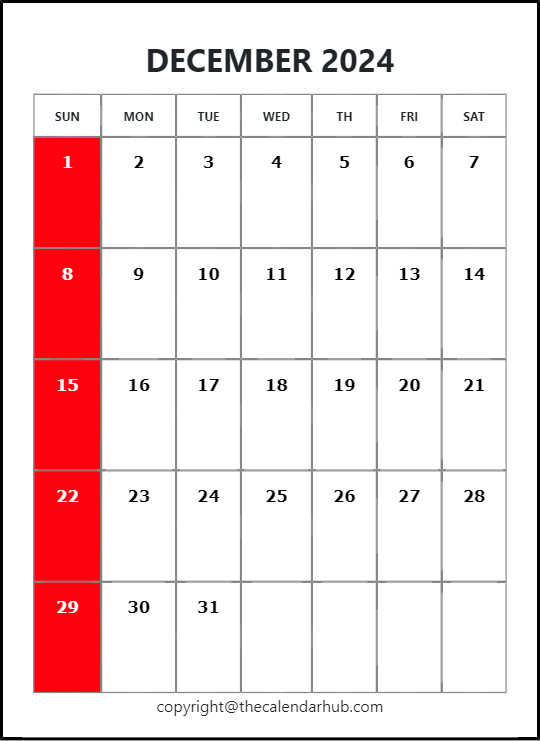December 2024 A4 Calendar