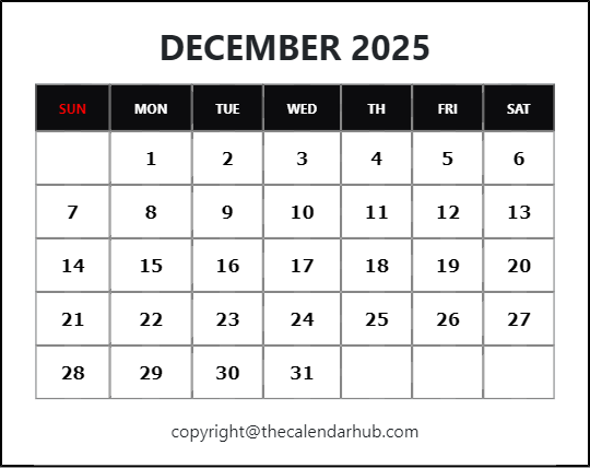 December 2025 Printable Calendar