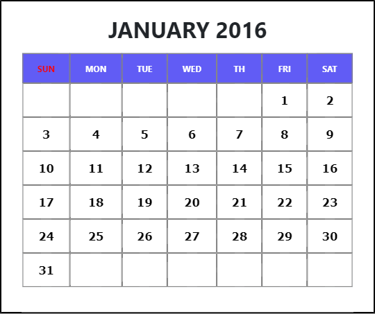 January 2016 Printable Calendar