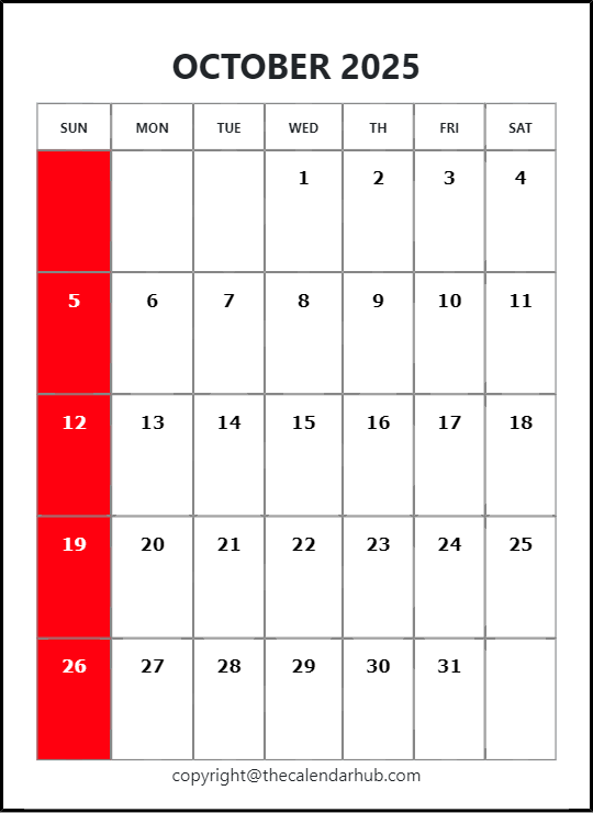 October 2025 A4 Calendar